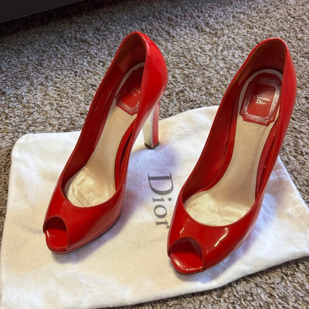 Dior Glossy Red Peep Toe Heels